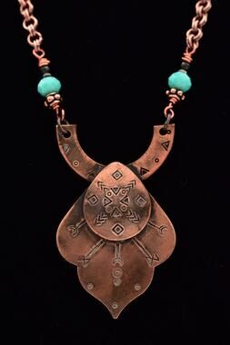 Hand Stamped Gypsy Necklace Copper Turquoise Crystal Tribal Boho Pendant BinBM